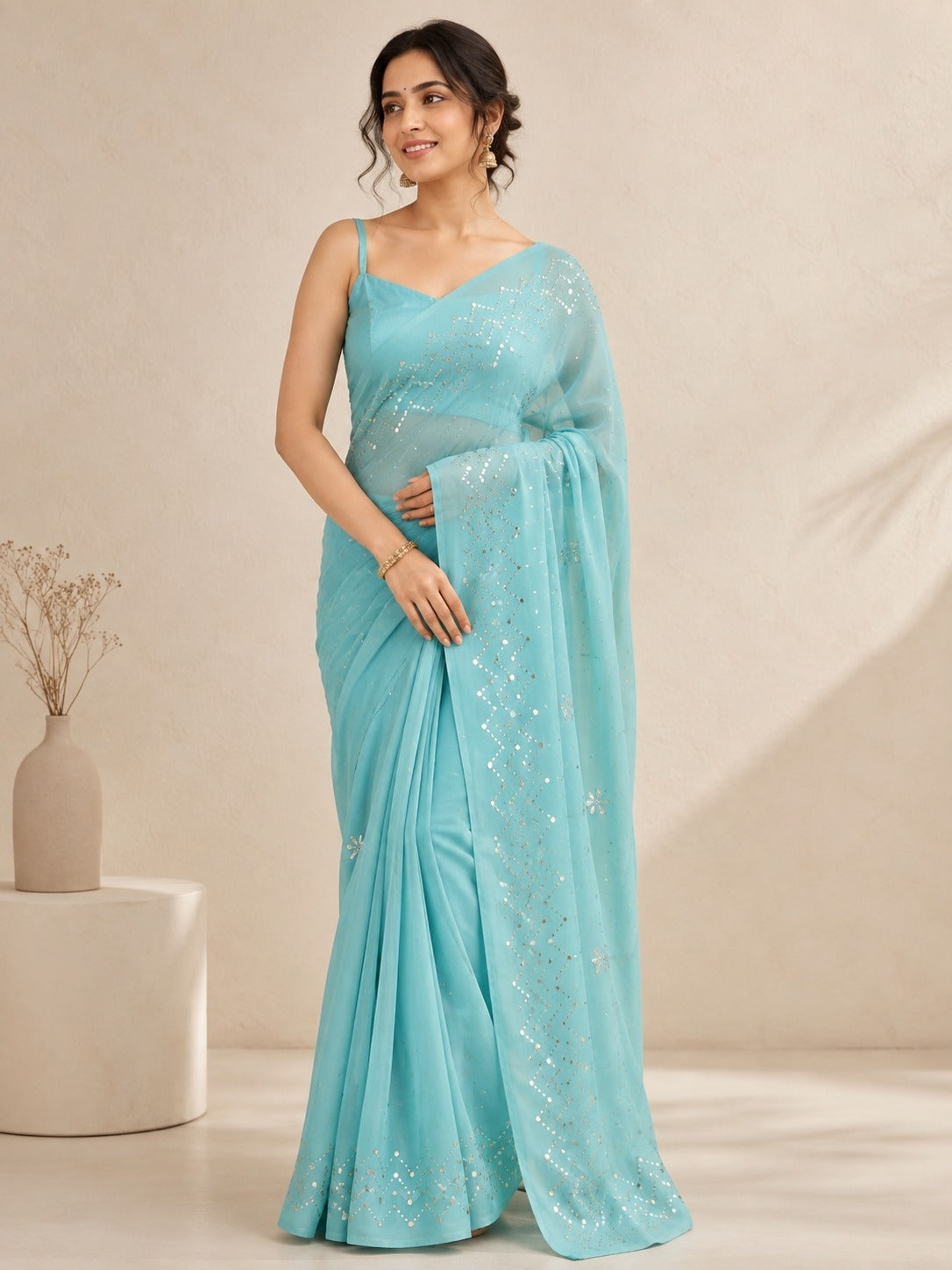 Sky Blue Pure Kora Silk Handloom Banarasi Saree