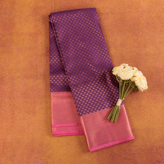Lavender-kanjivaram-semi-silk-saree-with-pink-contrast-border-and-silver-elephant-motifs.
