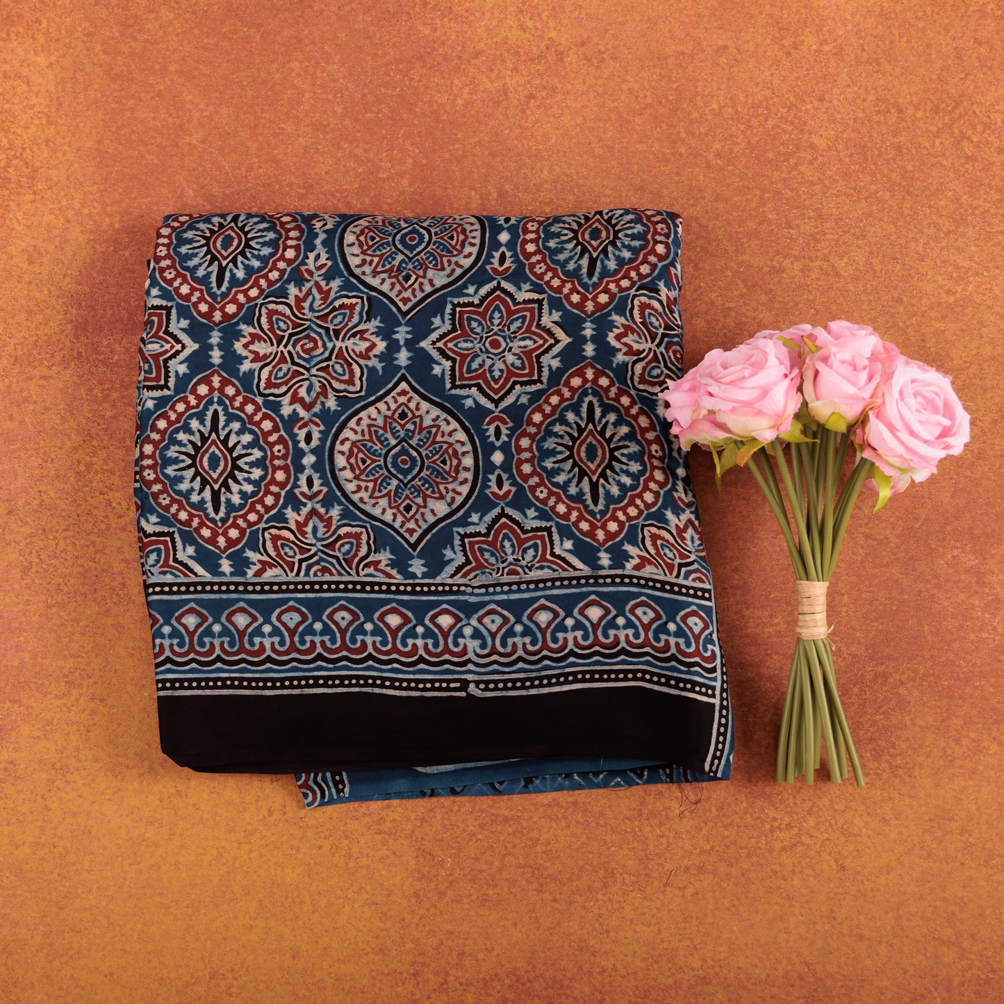 Hand Block Printed Blue Modal Silk Saree | Authentic Ajrak Design