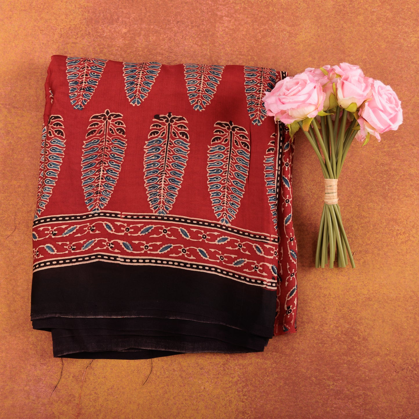 Red Ajrakh Modal Silk Saree for Women | Hand Block Printed Silk Ajrak Modal Silk Saree