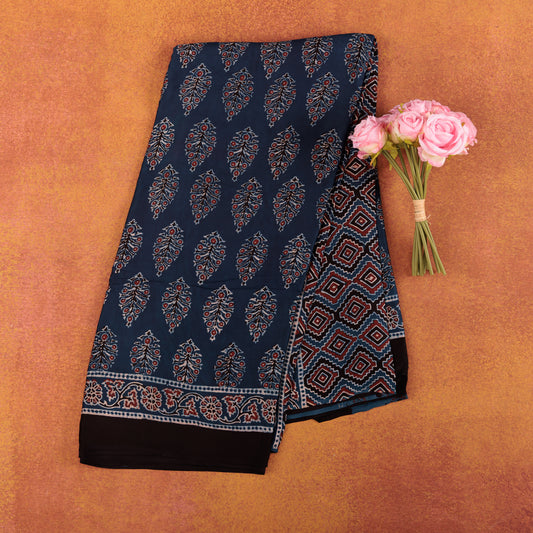 Blue Silk Ajrak Modal Silk Saree | Traditional Hand Block Printed Ethnic Saree for Women