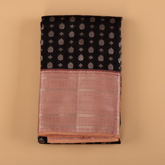 Black & Pink Kanjivaram Semi-Silk Saree | Silver Zari Butti Work