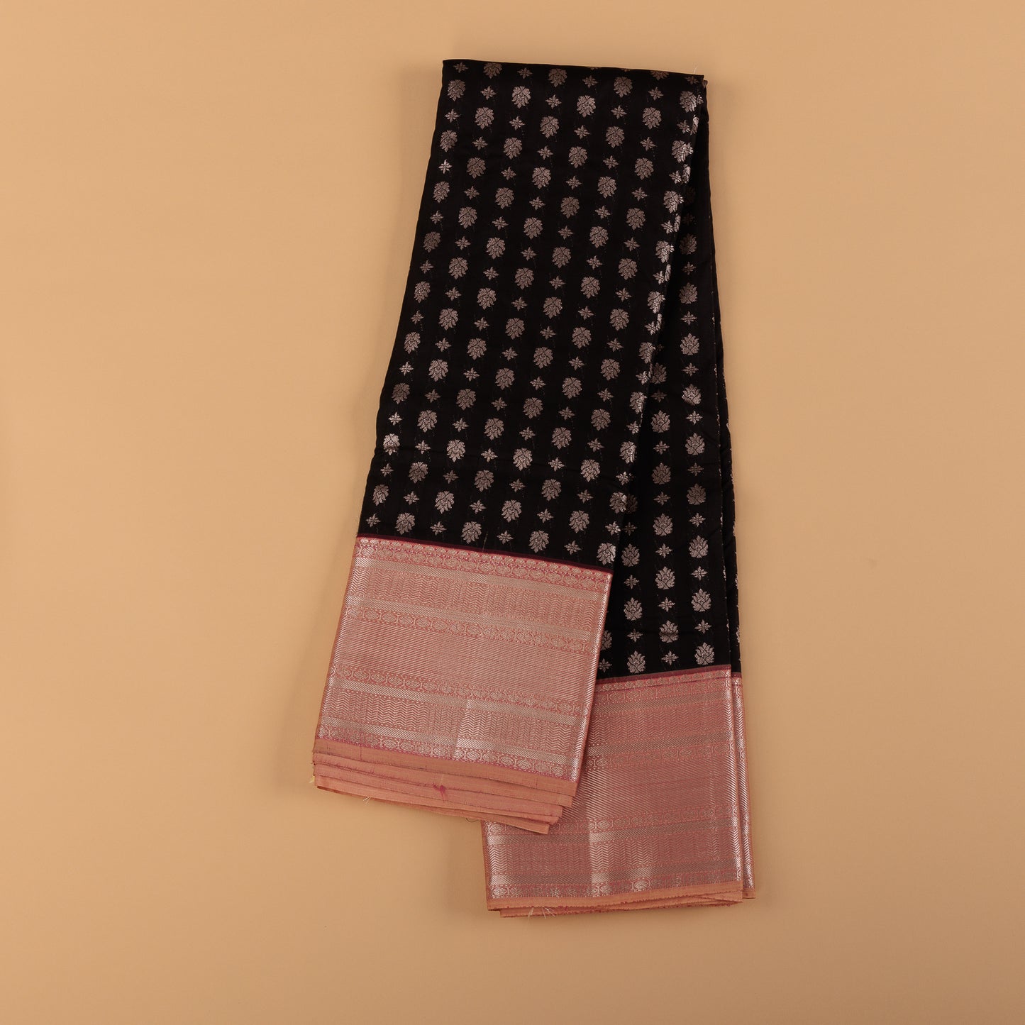 Black & Pink Kanjivaram Semi-Silk Saree | Silver Zari Butti Work