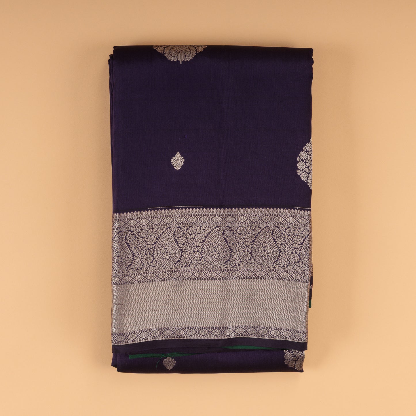 Purple Kanjivaram Silk Saree | Silver Zari Border | Contrast Green Blouse