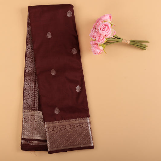 Coffee Brown Kanjivaram Semi Silk Saree | Silver Zari Floral Motifs Wedding Wear