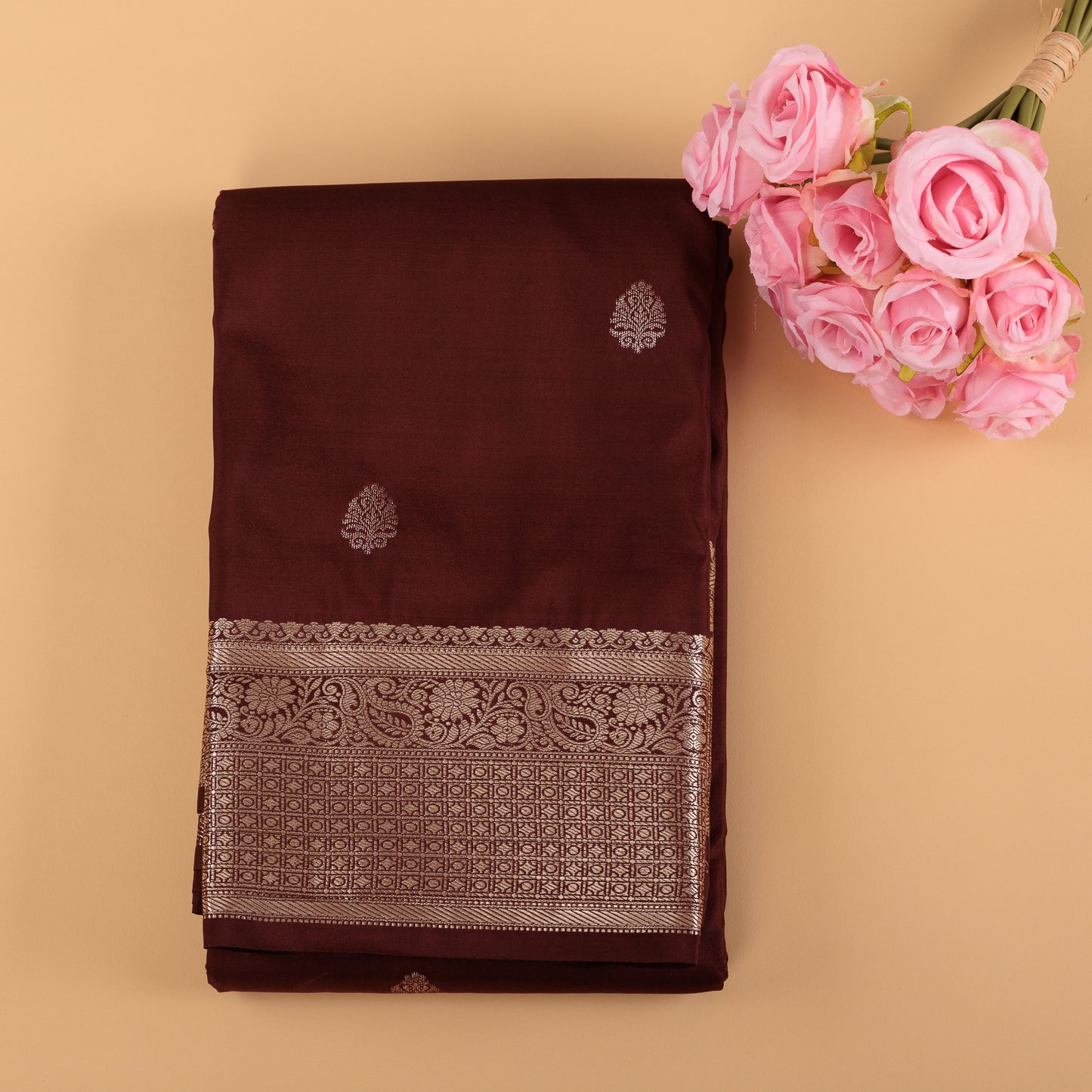 Coffee Brown Kanjivaram Semi Silk Saree | Silver Zari Floral Motifs Wedding Wear