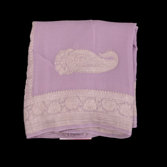 Lavender Khaddi Chiffon Saree | Handloom Banarasi Silver Zari Buti Saree | Pastel colour banarasi