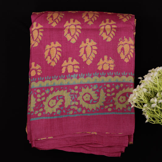 Magenta Tussar Silk Saree | Block Printed Pure Silk | Handloom Party Wear Saree