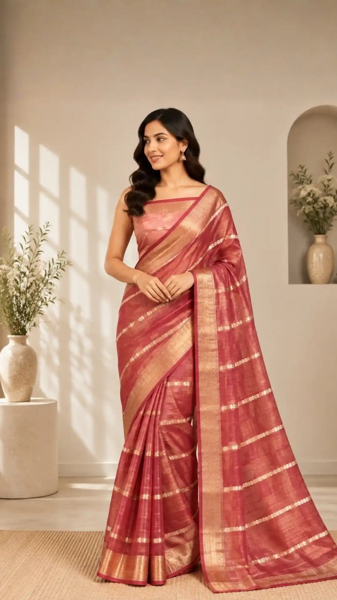 Rose Pink Pure Kora Silk Handloom Banarasi Saree