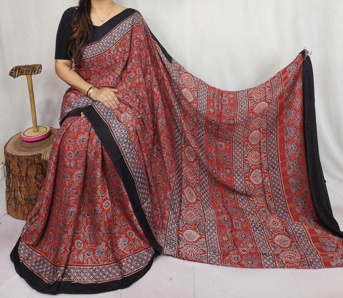 Pure Red Modal Silk Saree | Hand-Block Ajrak Print | Traditional Ethnic Wear