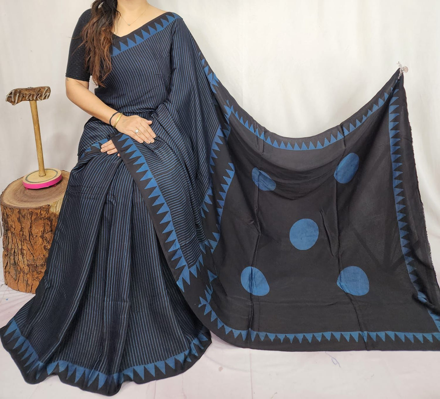 Black and blue Ajrak Modal Silk Saree | Traditional Hand Block Printed Ethnic Saree for Women