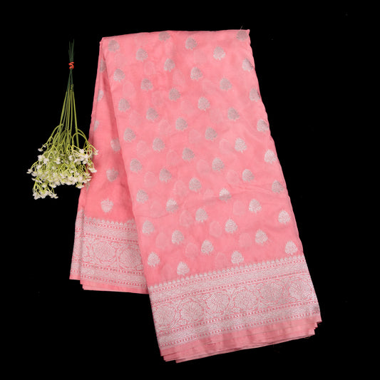 Pink Banarasi Semi Silk Saree | Silver Zari Semi Silk Saree | Pink & Silver Wedding Saree | Designer Banarasi Silk