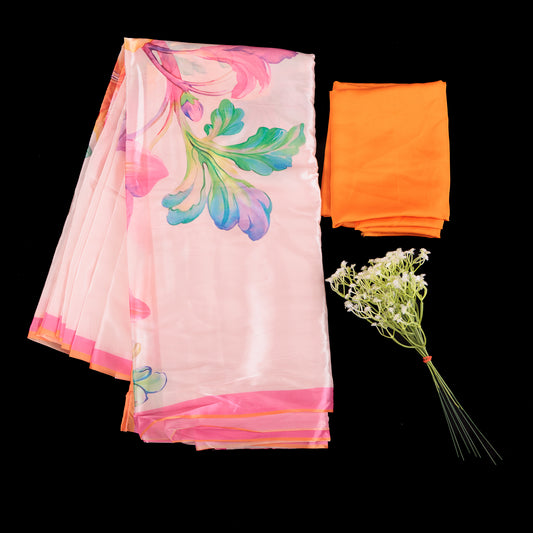 Floral Organza Saree | Pink Printed Ready to Wear Saree | Lightweight Organza with Contrast Border | Designer Floral Symphony Saree