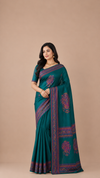 Teal Green Mulberry Silk Saree | Orange Hand Block Printed Designer Party Wear