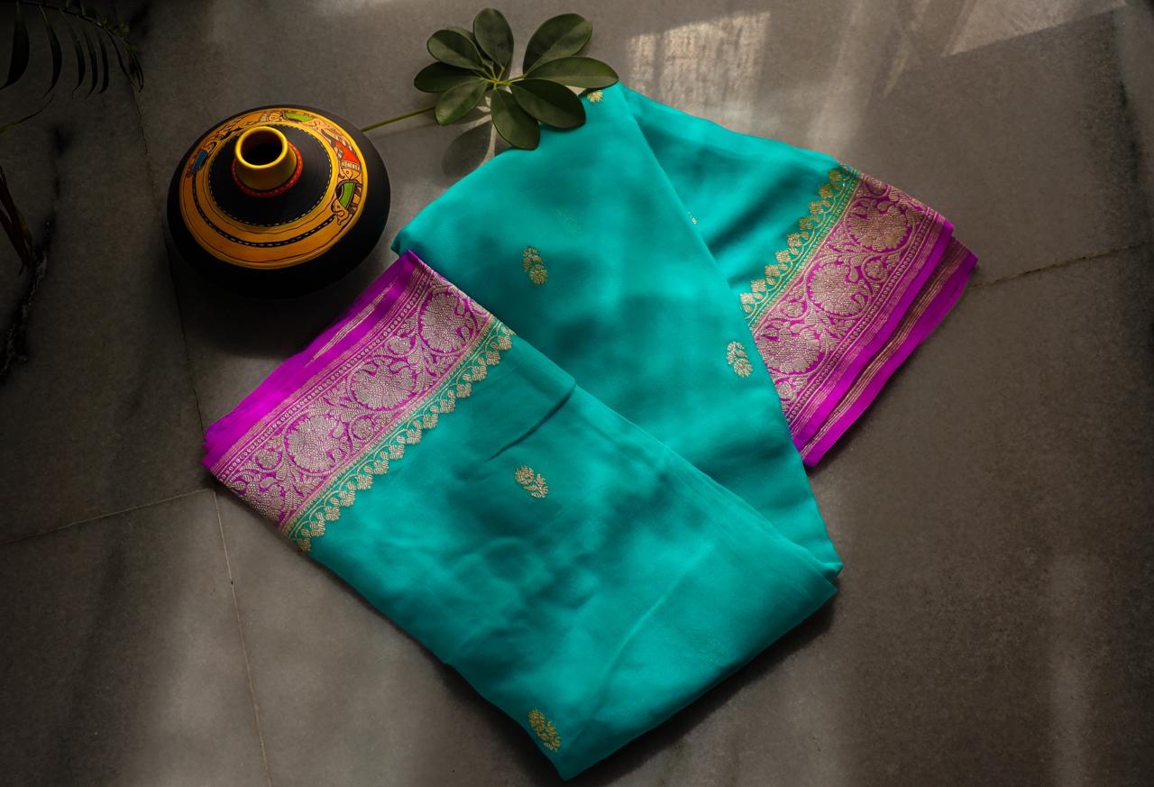 Blue and Pink Banarasi Georgette saree with silver zari work