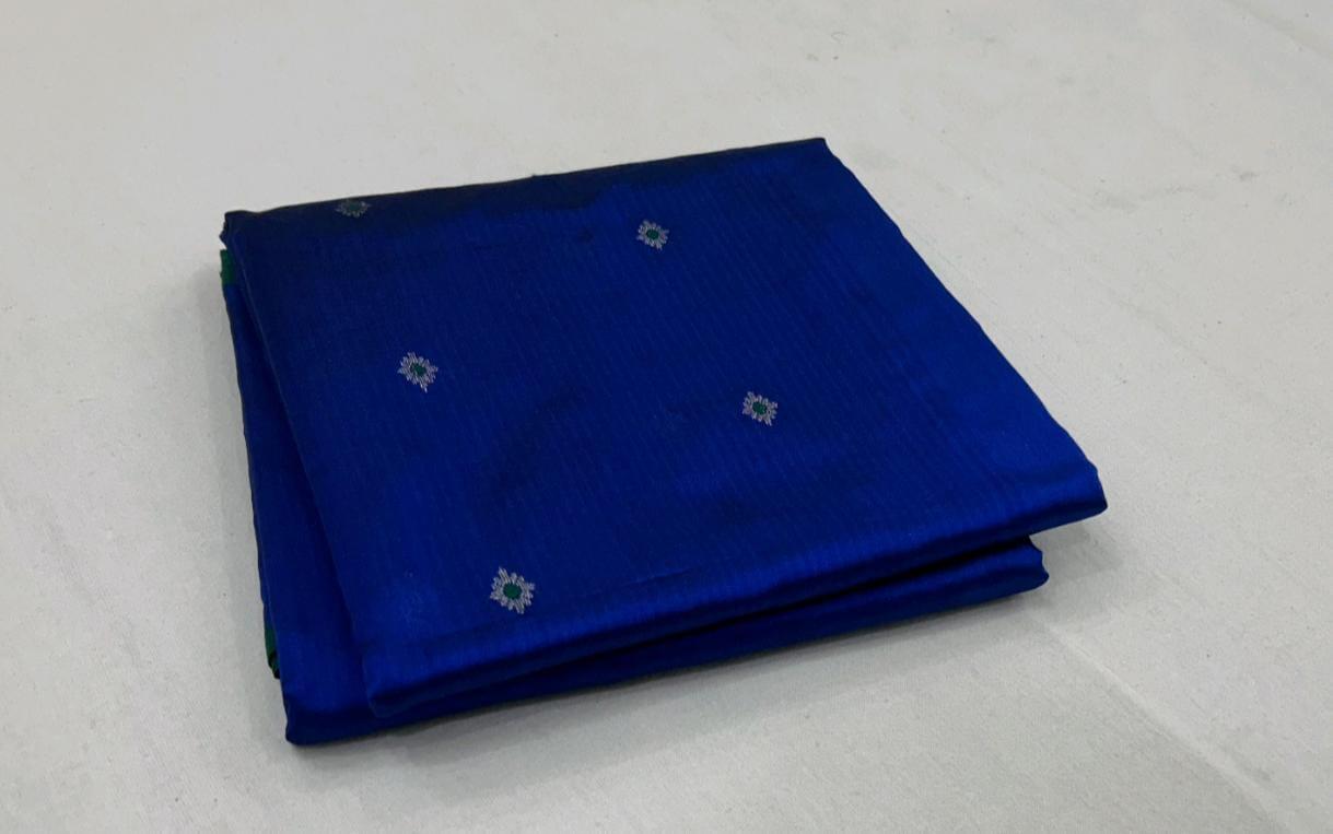 Chanderi Pattu Silk Saree – Royal Blue with Silver Buti & Green Border