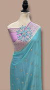 Blue and Pink Banarasi Georgette saree with silver zari work