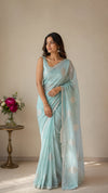 Pastel Blue Banarasi Chiffon Saree | Handloom Banarasi Silver Zari Buti Saree