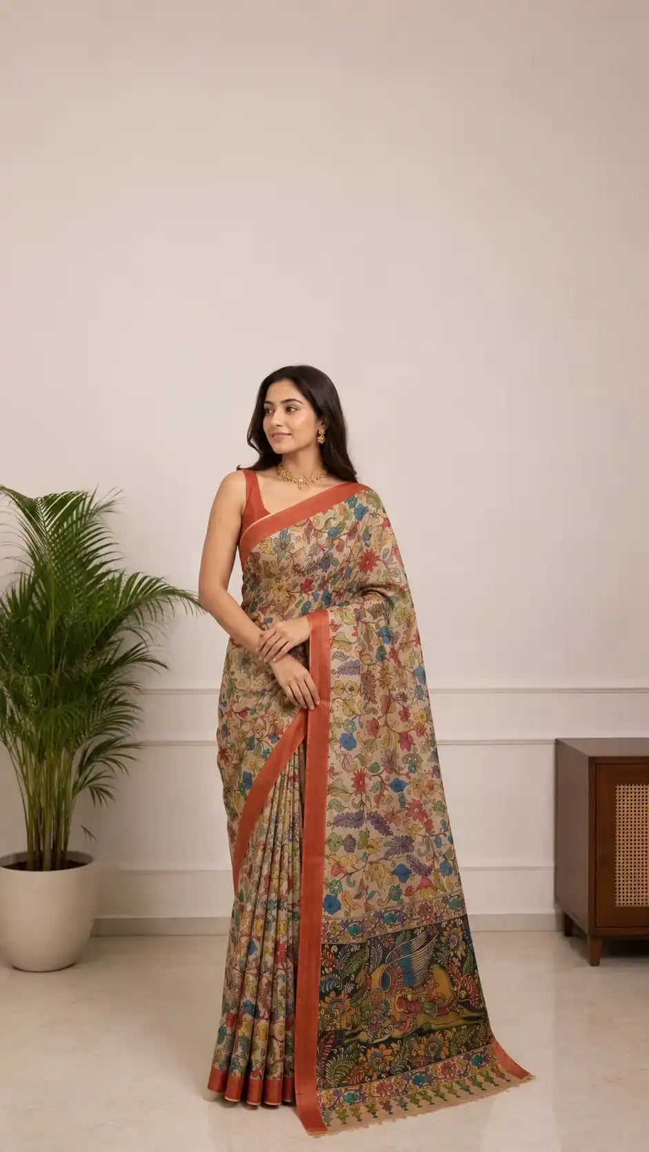 Srikalahasti kalamkari Saree in Tussar Silk
