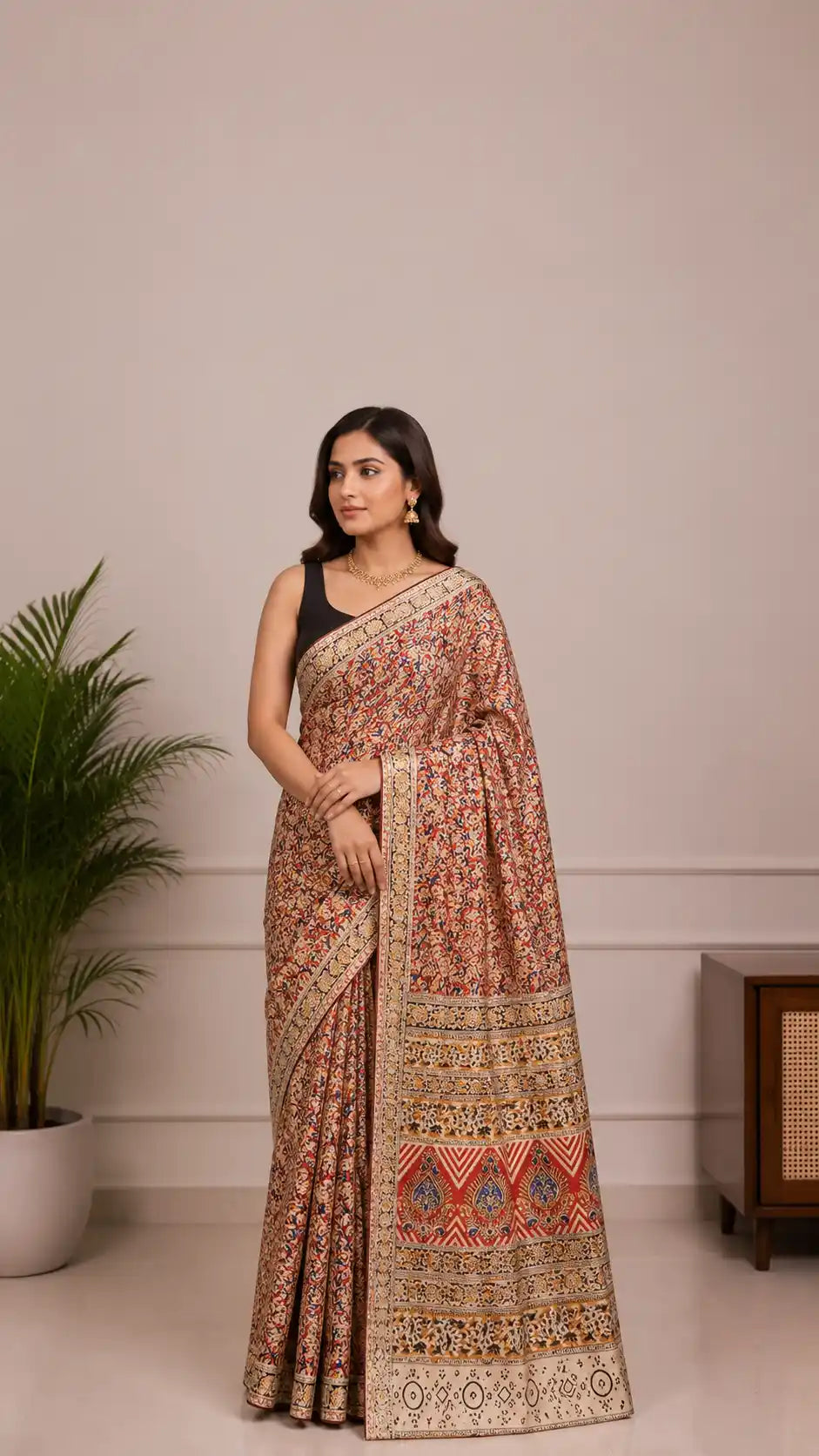 Handblock Kalamkari Chennuri Silk Saree in vibrant red
