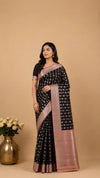 Black & Pink Kanjivaram Semi-Silk Saree | Silver Zari Butti Work