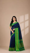 Blue and Green Cotton Silk Saree | Gold Zari Border Silk Cotton | Festive Wear Blue Saree | Contrast Border Designer Saree