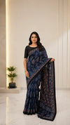 Blue Silk Ajrakh Modal Silk Saree | Traditional Hand Block Printed Ethnic Saree for Women