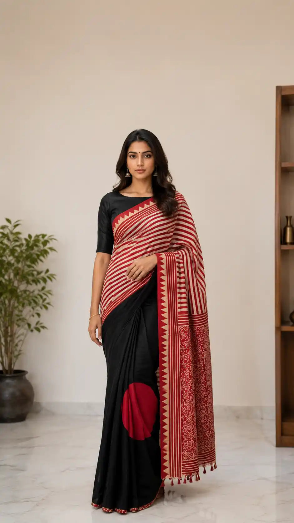 Ajrakh Block Printed Modal Silk Saree in Red