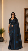 Black and blue Ajrak Modal Silk Saree | Traditional Hand Block Printed Ethnic Saree for Women
