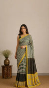 Cotton Kota Doria Saree - Cream Zigzag Pattern with Yellow Border