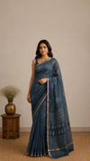 Cotton Kota Doria Saree – Charcoal Grey Stripes with Gold Border