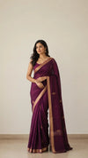 Chanderi Saree – Wine Purple with Gold Buti & Zari Border