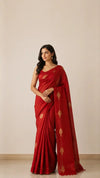 Chanderi Silk Saree -Classic Red with Gold Buti & Zari Border