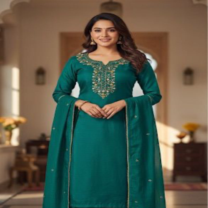 Women’s Stitched Kurta – Teal Green with Floral Embroidery