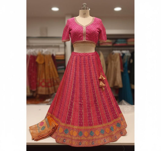 Lehenga- Pink & Orange-Crop Top-Stitched | Party Wear lehenga