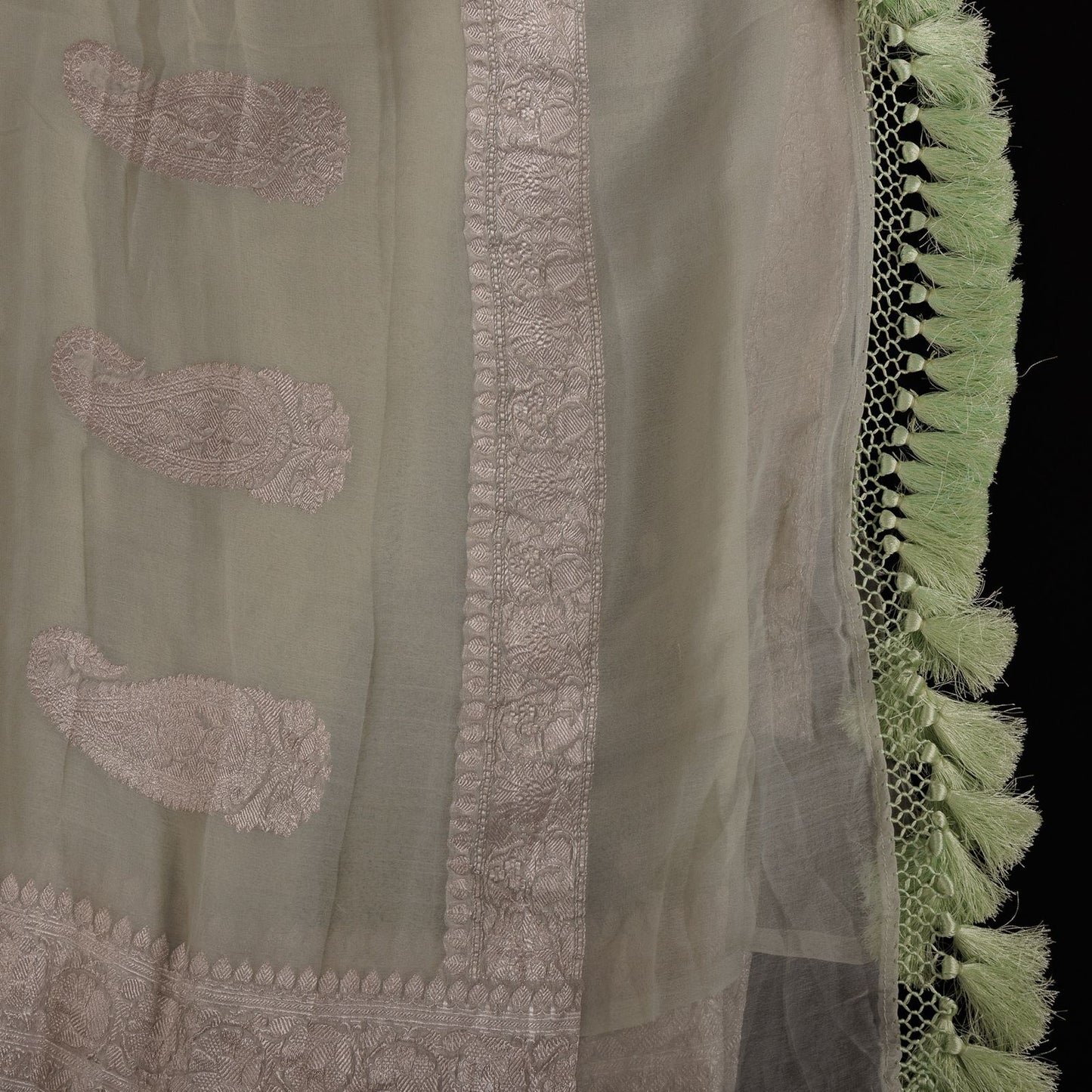 Sage Green Pastel Banarasi Chiffon Saree with Silver Zari Border & Rich Tassels