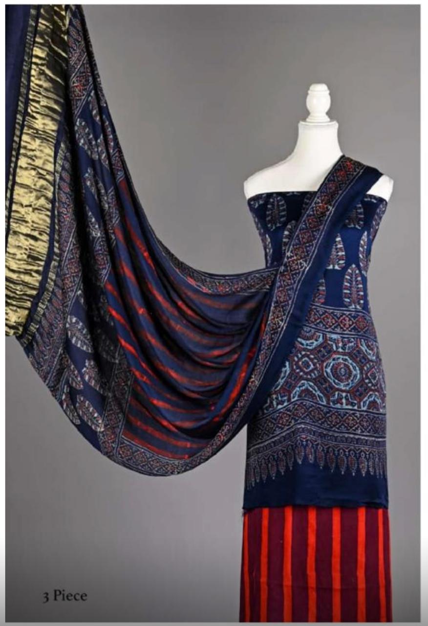Modal Silk Unstitched Suit | 3 Piece Silk Suit Set | Party Wear Modal Silk Suit