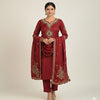 “Maroon women’s stitched kurta with intricate gold embroidery on neckline and front, neatly folded and displayed.”