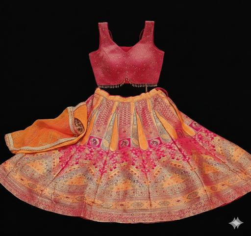 Lehenga-Orange and Pink-Crop Top-Stitched | Party Wear lehenga