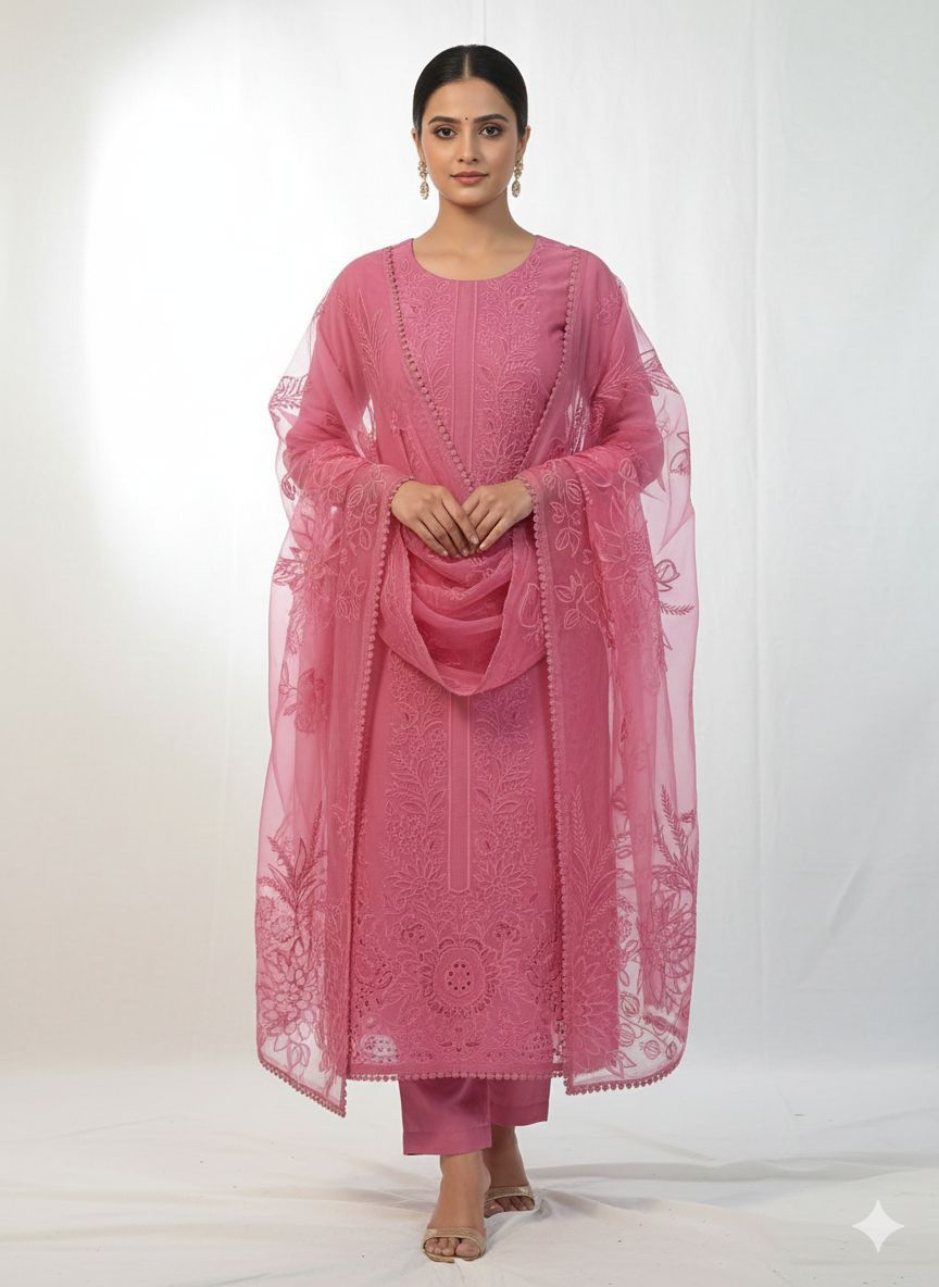 Fancy MulChanderi-Embroidery-Cutwork-Pink