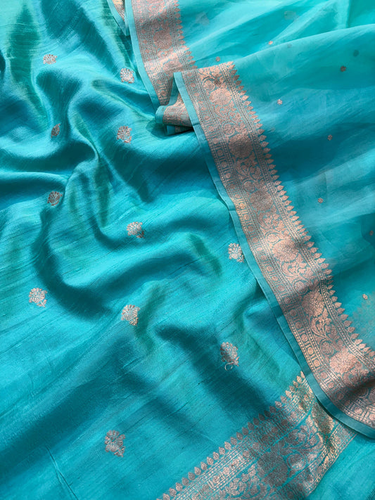 Raw Silk- Silk Dupion-3 Pcs Suit Set-Blue