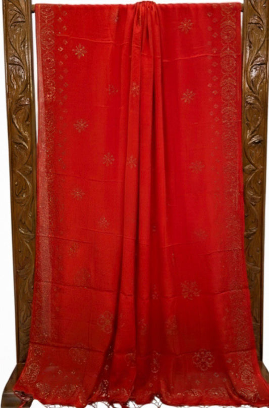 Pure Georgette Handloom Banarasi Saree with Swarovski Stone Work in Deep Red