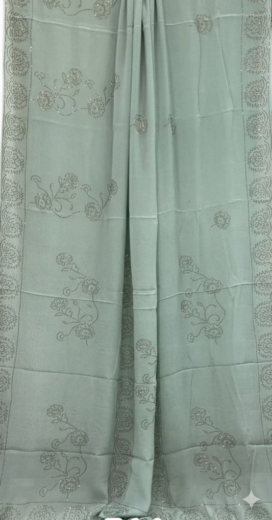 Pure Georgette Handloom Banarasi Saree with Swarovski Stone Work in Pastel Sage Green