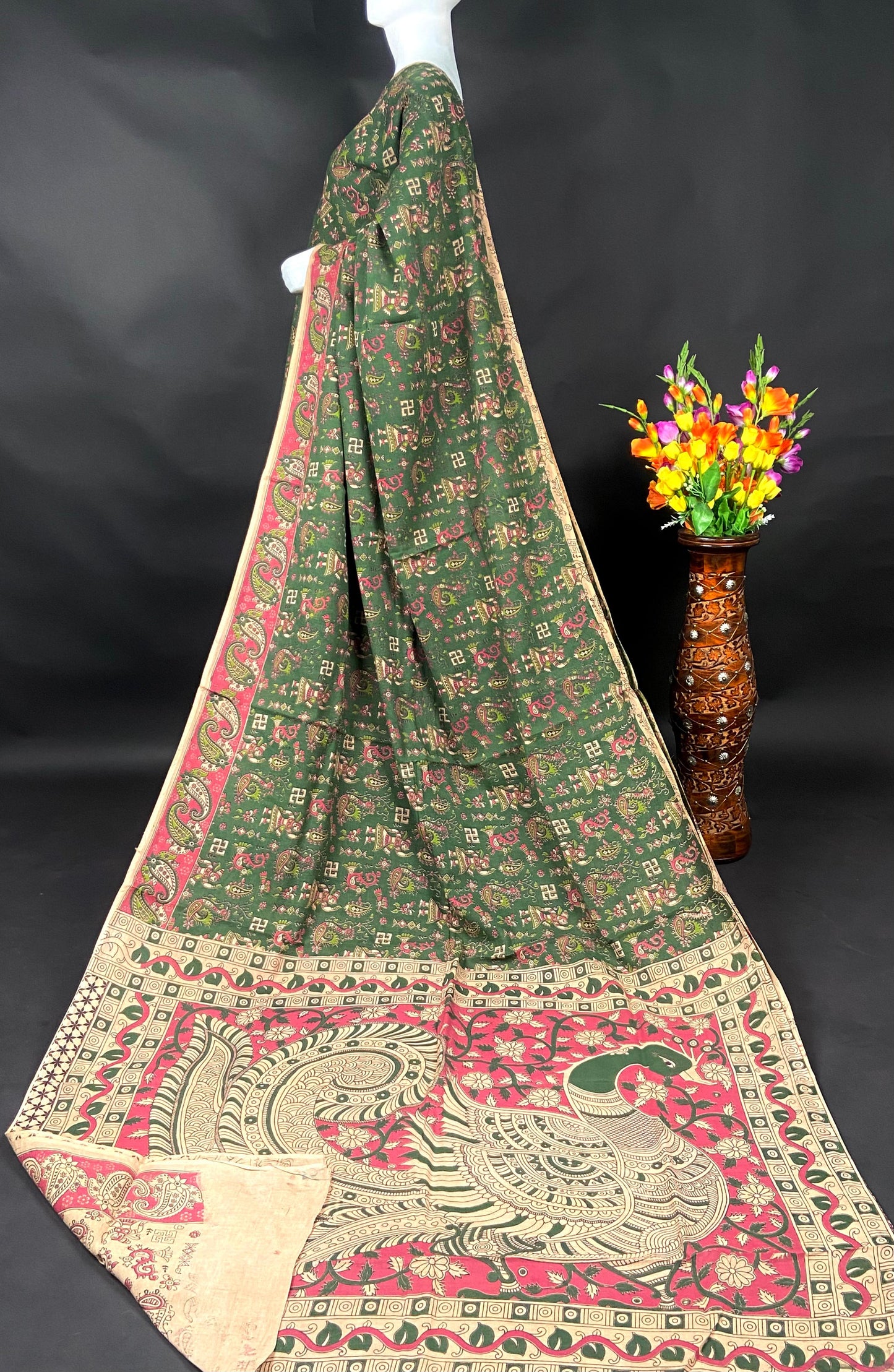 Kalamkari Cotton Saree in Green