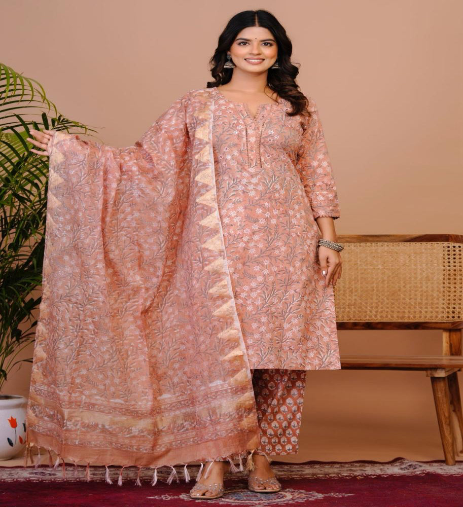 Peach Brown Lace Kota Dupatta Suit