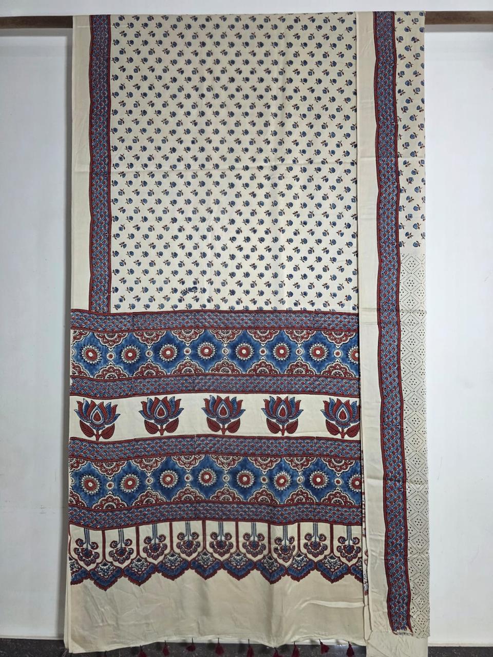Ajrakh Block Printed Modal Silk Saree in Ivory