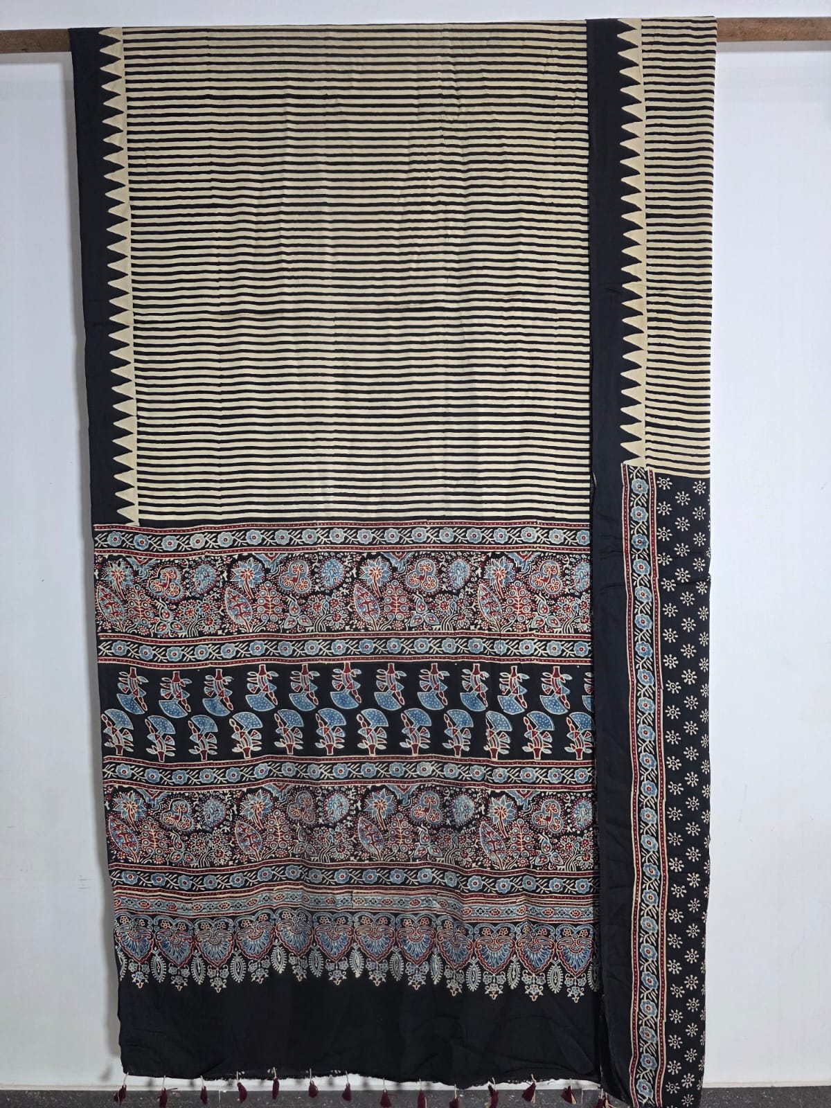 Ajrakh Block Printed Modal Silk Saree in Ivory