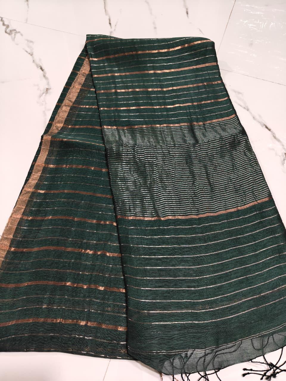 Exclusive silk linen sarees with stripes in gold