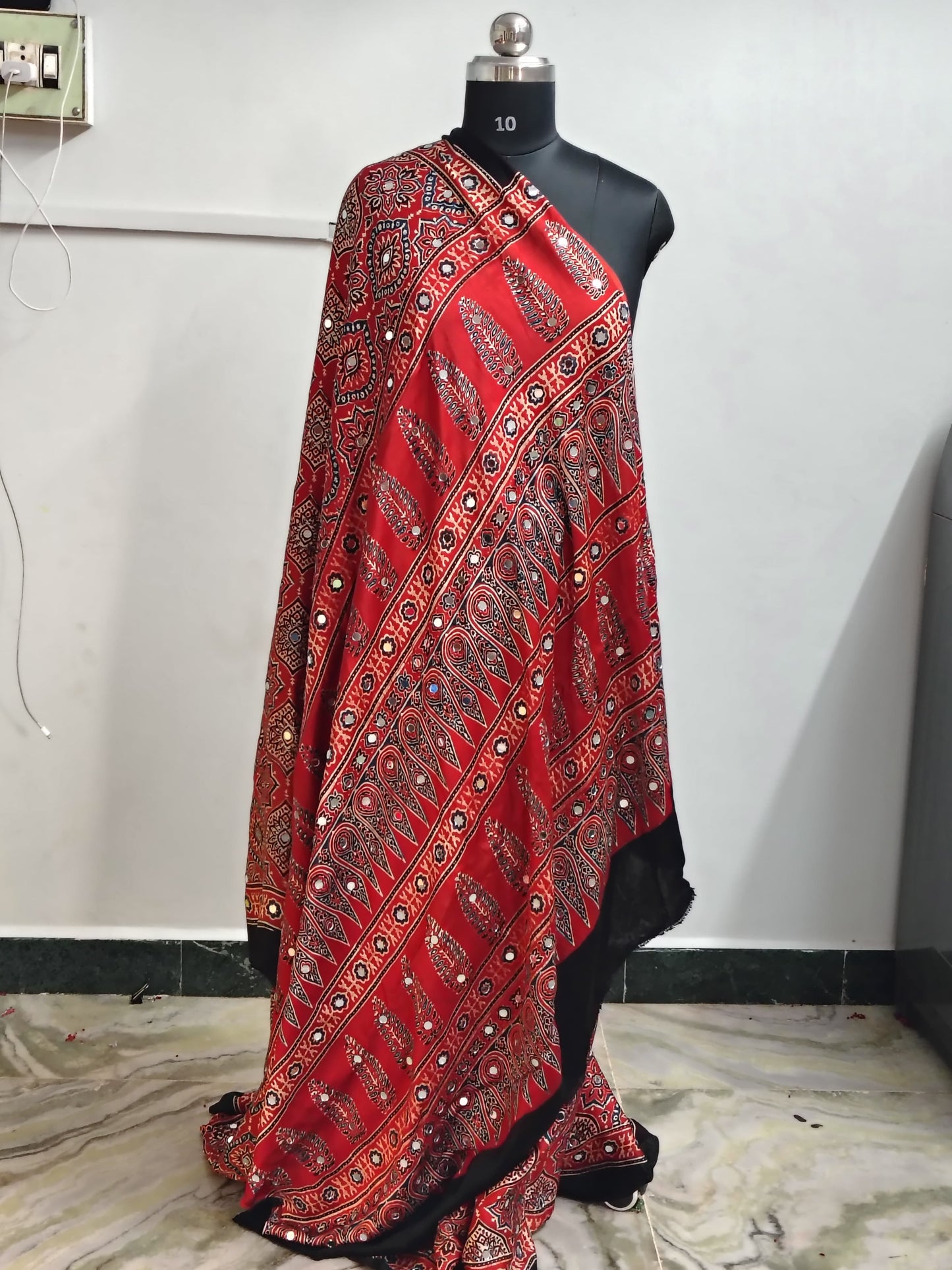 Ajrakh Block Printed Modal Silk Saree with Mirror work in Red