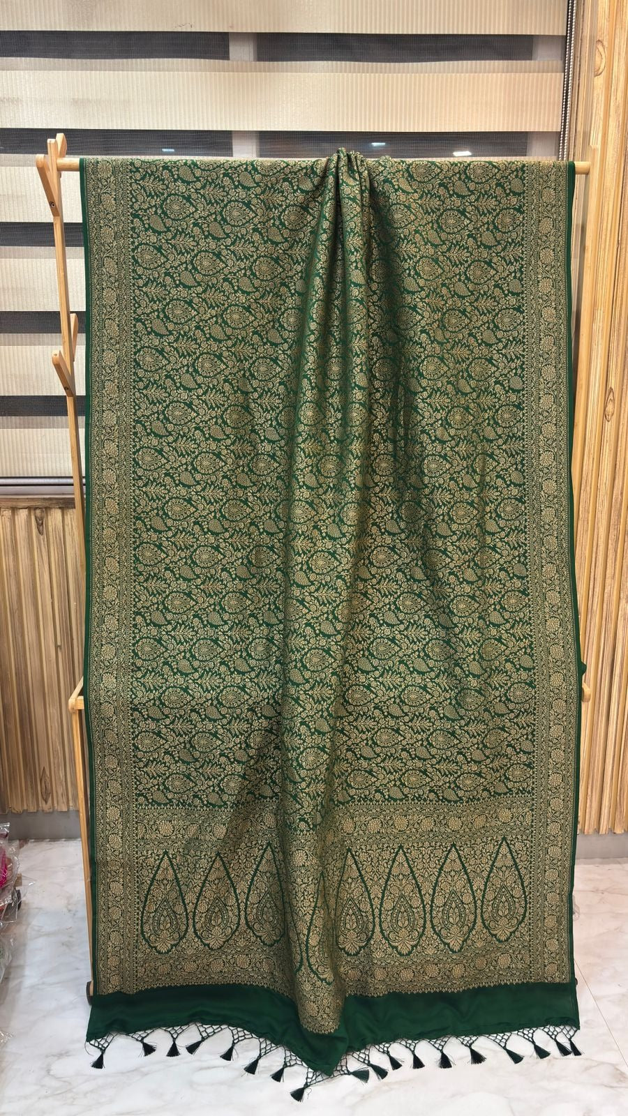 Pure Khaddi Crepe Georgette Banarasi Handloom Saree-Brocade in Bottle Green